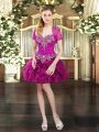 Sleeveless Organza Mini Length Lace Up Prom Party Dress in Fuchsia with Beading and Ruffles
