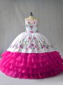 Fuchsia Satin and Organza Lace Up Vestidos de Quinceanera Sleeveless Floor Length Embroidery and Ruffled Layers