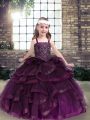 Elegant Eggplant Purple Ball Gowns Tulle Straps Sleeveless Beading and Ruffles Floor Length Lace Up Little Girls Pageant Dress Wholesale