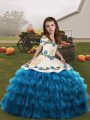 Floor Length Lace Up Little Girls Pageant Dress Wholesale Blue for Party and Military Ball and Wedding Party with Embroidery and Ruffled Layers