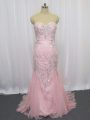 Pink Homecoming Dress Tulle Brush Train Sleeveless Beading