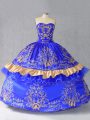 Royal Blue Ball Gowns Satin and Organza Sweetheart Sleeveless Embroidery and Bowknot Floor Length Lace Up 15 Quinceanera Dress