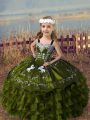Discount Floor Length Olive Green Kids Pageant Dress Organza Sleeveless Embroidery and Ruffled Layers