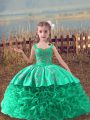 Turquoise Ball Gowns Fabric With Rolling Flowers Straps Sleeveless Embroidery Lace Up Pageant Gowns For Girls Sweep Train