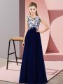 Scoop Sleeveless Bridesmaids Dress Floor Length Beading and Appliques Royal Blue Chiffon