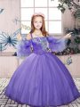 Most Popular Lavender Ball Gowns Tulle Straps Sleeveless Beading Floor Length Lace Up Kids Formal Wear