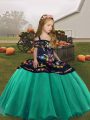 Turquoise Sleeveless Embroidery Floor Length Girls Pageant Dresses
