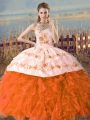 Vintage Orange and Rust Red Ball Gowns Embroidery Sweet 16 Dress Lace Up Organza Sleeveless