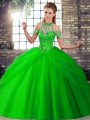 Customized Sleeveless Beading and Pick Ups Lace Up Sweet 16 Dress with Green Brush Train