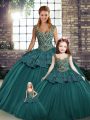 Green Sleeveless Tulle Lace Up Ball Gown Prom Dress for Military Ball and Sweet 16 and Quinceanera