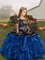 Blue Ball Gowns Organza Straps Sleeveless Embroidery and Ruffles Floor Length Lace Up Kids Formal Wear