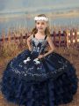Navy Blue Organza Lace Up Girls Pageant Dresses Sleeveless Floor Length Embroidery and Ruffled Layers