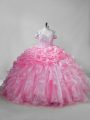 Dazzling Pink Sleeveless Organza Brush Train Lace Up Quinceanera Gown for Sweet 16 and Quinceanera