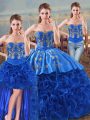 Perfect Sleeveless Floor Length Embroidery and Ruffles Lace Up Quinceanera Dresses with Royal Blue