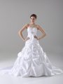 White A-line Taffeta Strapless Sleeveless Beading and Pick Ups Lace Up Wedding Gown Brush Train