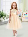 Exquisite Champagne Organza Zipper Scoop Sleeveless Tea Length Flower Girl Dresses for Less Sequins and Hand Made Flower