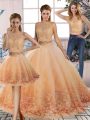 Admirable Peach Scalloped Neckline Lace Ball Gown Prom Dress Sleeveless Backless