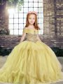 Sleeveless Floor Length Beading Lace Up Winning Pageant Gowns with Yellow