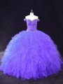 Spectacular Off The Shoulder Sleeveless Quinceanera Gown Floor Length Beading Purple Tulle