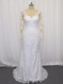 Scoop Long Sleeves Tulle Wedding Gown Lace Brush Train Clasp Handle