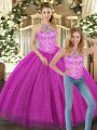 Sleeveless Tulle Floor Length Lace Up Sweet 16 Quinceanera Dress in Fuchsia with Beading
