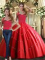 Red Tulle Lace Up Sweet 16 Quinceanera Dress Sleeveless Floor Length Appliques