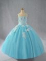 Aqua Blue Lace Up Spaghetti Straps Beading and Appliques Kids Pageant Dress Tulle Sleeveless