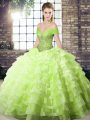 High Quality Brush Train Ball Gowns 15 Quinceanera Dress Yellow Green Off The Shoulder Organza Sleeveless Lace Up