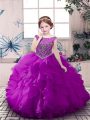 On Sale Purple Ball Gowns Scoop Sleeveless Organza Floor Length Zipper Beading and Ruffles Little Girls Pageant Dress