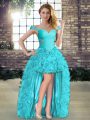 High Low Aqua Blue Prom Gown Off The Shoulder Sleeveless Lace Up
