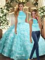 Aqua Blue Ball Gowns Beading and Ruffled Layers 15th Birthday Dress Backless Organza Sleeveless Floor Length