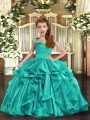 Aqua Blue Ball Gowns Straps Sleeveless Organza Floor Length Lace Up Ruffles Kids Pageant Dress