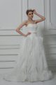 White Sleeveless Brush Train Belt Wedding Dresses