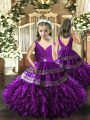 Eggplant Purple Backless Pageant Dress Wholesale Beading and Appliques and Ruffles and Ruching Sleeveless Floor Length