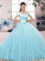Aqua Blue Ball Gowns Tulle Off The Shoulder Short Sleeves Lace and Hand Made Flower Floor Length Lace Up Quince Ball Gowns