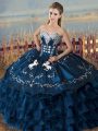 Trendy Navy Blue Quinceanera Dress Sweet 16 and Quinceanera with Embroidery and Ruffles Sweetheart Sleeveless Lace Up