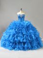 Sweetheart Sleeveless Quinceanera Gowns Floor Length Beading and Ruffles and Sequins Blue Organza