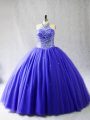 Dazzling Blue Sweet 16 Dresses Sweet 16 and Quinceanera with Beading Halter Top Sleeveless Brush Train Lace Up