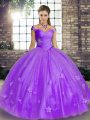 Decent Off The Shoulder Sleeveless Lace Up Quinceanera Gown Lavender Tulle