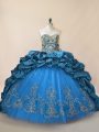 Colorful Blue Sweet 16 Quinceanera Dress Taffeta Brush Train Sleeveless Beading and Pick Ups