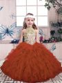 Glorious Ball Gowns Pageant Gowns For Girls Rust Red High-neck Tulle Sleeveless Floor Length Lace Up