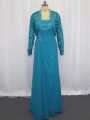 Adorable Blue Column/Sheath Chiffon Strapless Sleeveless Lace and Appliques Floor Length Zipper Mother Of The Bride Dress