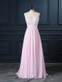 Dynamic Baby Pink Backless Prom Gown Beading and Lace Cap Sleeves Floor Length