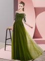 Luxury Olive Green Lace Up Bateau Beading and Lace Wedding Party Dress Chiffon Half Sleeves