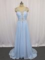 Fantastic Blue Evening Dress Chiffon Brush Train Sleeveless Beading and Ruching