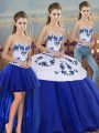 Inexpensive Royal Blue Three Pieces Tulle Sweetheart Sleeveless Embroidery and Bowknot Floor Length Lace Up Quinceanera Gowns