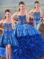 Luxurious Sleeveless Fabric With Rolling Flowers Floor Length Lace Up Quinceanera Gowns in Royal Blue with Embroidery and Ruffles