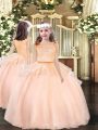 Custom Fit Sleeveless Organza Floor Length Zipper Little Girl Pageant Gowns in Peach with Lace