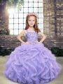 Lavender Sleeveless Floor Length Beading and Ruffles Lace Up Little Girl Pageant Dress