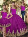Artistic Fuchsia Three Pieces Halter Top Sleeveless Tulle Floor Length Lace Up Embroidery Sweet 16 Quinceanera Dress